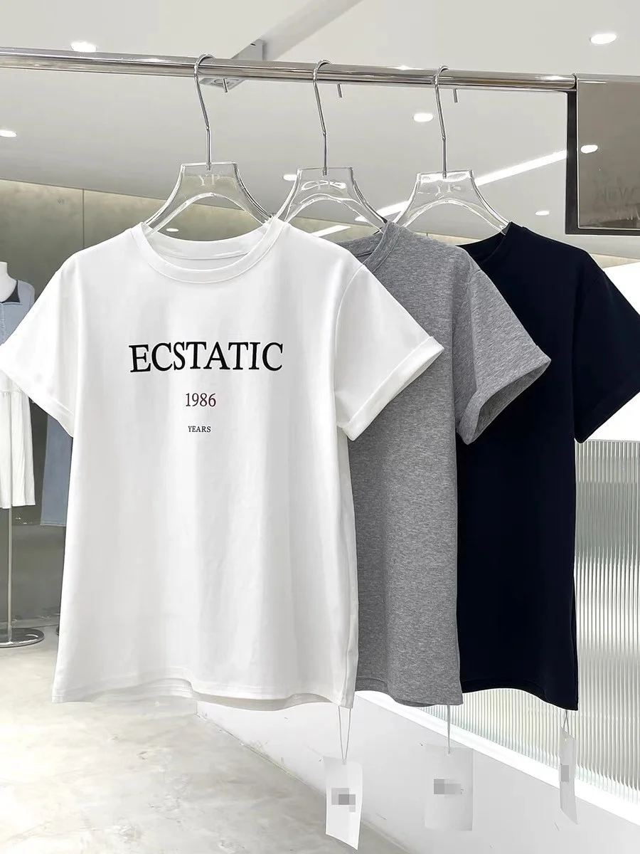 

White Letter-printed Casual Summer T-shirt, Korean Style, Versatile, Loose New Pure Cotton Half-sleeved Shirt, Short-sleeved Top