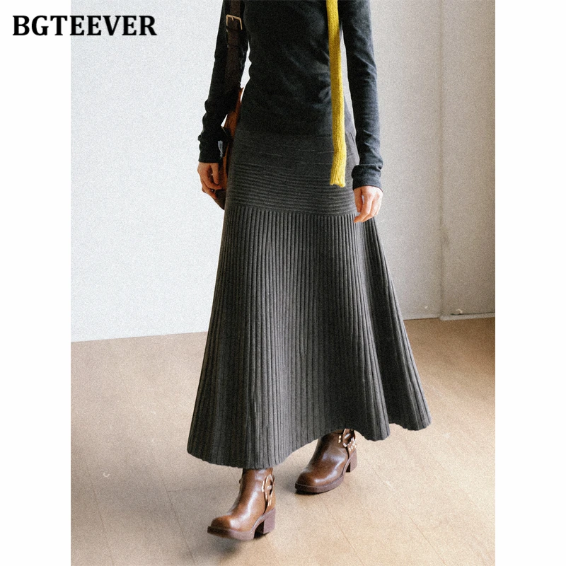 BGTEEVER Autumn Winter Ladies Knitted A-line Skirts Elegant High Waist Pleated Sweater Skirts for Women