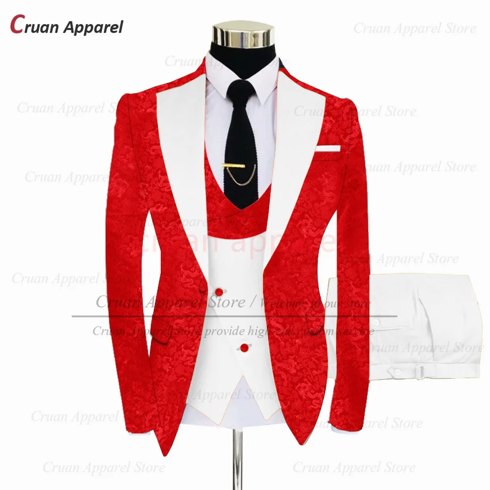 

Fashion Red Suit Set For Men Wedding Party Groomsman Luxury Outfits Tailor-made Classic One Buttons Blazer Vest Pants 3 Pieces