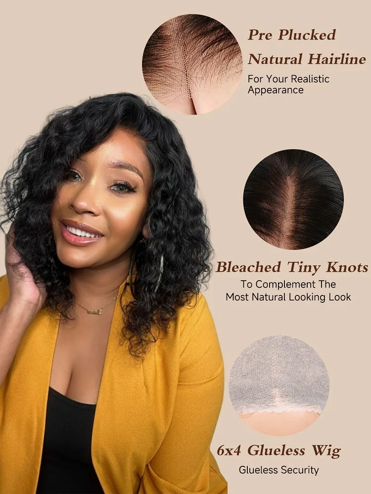 女性用の事前にカットされた接着剤なしのレースのかつら,深い波の髪,密度180%,すぐに着用できる,事前に摘み取られた漂白された結び目,6x4