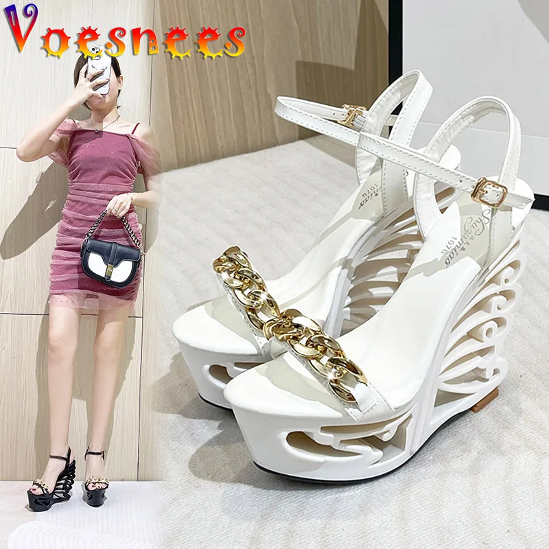 Women Summer Sandals Hollow Out Platform Party Wedges Shoes Fashion Metal Chain Decoration Solid Color Catwalk Model High Heels