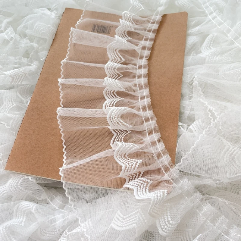 3D Pleated Mesh Fabric, Embroidered Ruffle Trim, DIY Dress Apparel, Collar Sewing Decor, Off White, 10cm Wide, 1 Yard