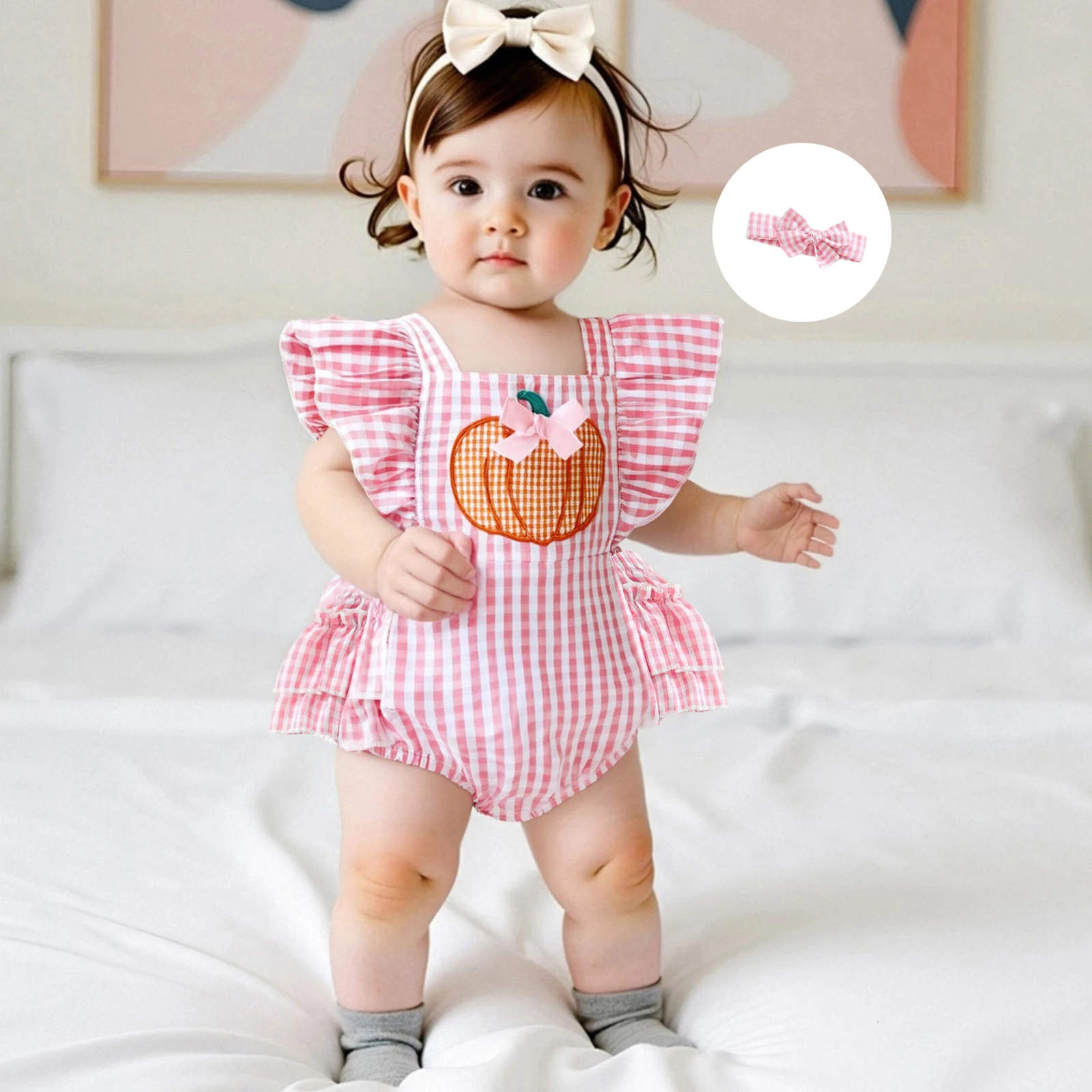 

Newborn Baby Girl Halloween Outfit Ruffle Sleeveless Bow Pumpkin Embroidery Romper Headband Set Clothes