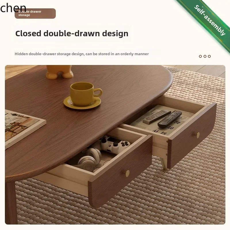 HXL Solid Wood Coffee Table Living Room Light Luxury Oval Tea Table Balcony Small Tea Table