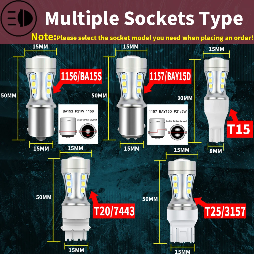 2pcs 1156 P21W LED Bulb T20 W21/5W P21 P21W 1157 7443 921 7506 T25 Car T15 BA15S Auto DRL SMD 6000k White 12V Stop Reverse Light