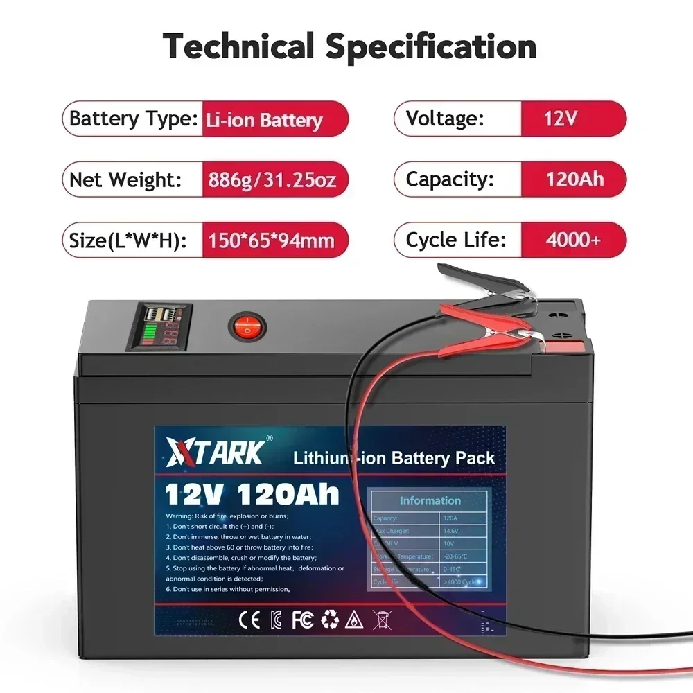 12V Battery 120Ah 18650 lithium battery pack Rechargeable battery for solar energy electric vehicle battery+12.6v3A charger