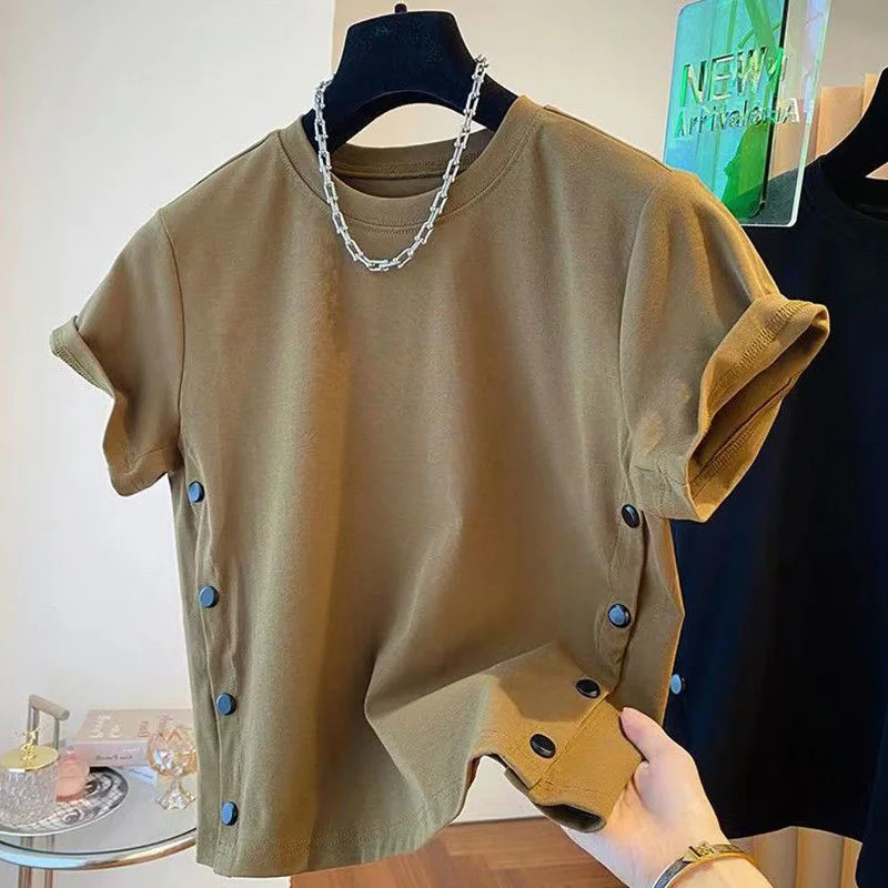 

Женская футболка больших размеров (до 136 кг), из чистого хлопка, с коротким рукавом, свободного кроя, на пуговицах, с круглым вырезом, летний топ