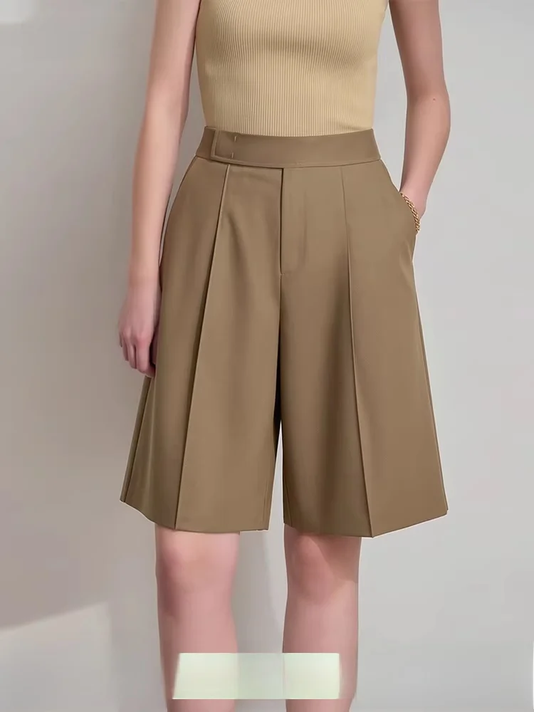 

Женские повседневные брюки i Commuter Sle с пятью пуговицами, плиссированные, прямого кроя, длиной до середины икры, летняя новинка, простой дизайн