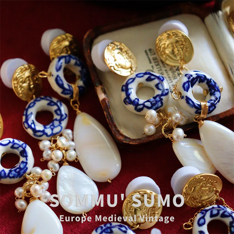 Retro Niche Ceramic Ancient Roman Coins Natural Pearl Women's Earrings Designer Luxury Gold-plated High-quality Women's Earrings