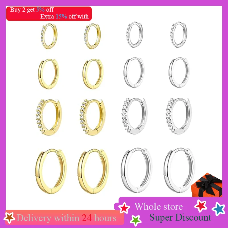 4 pairs of exquisite women\'s earrings 925 sterling silver hypoallergenic jewelry, women\'s 6/8/10/12mm, simple fashionable circle