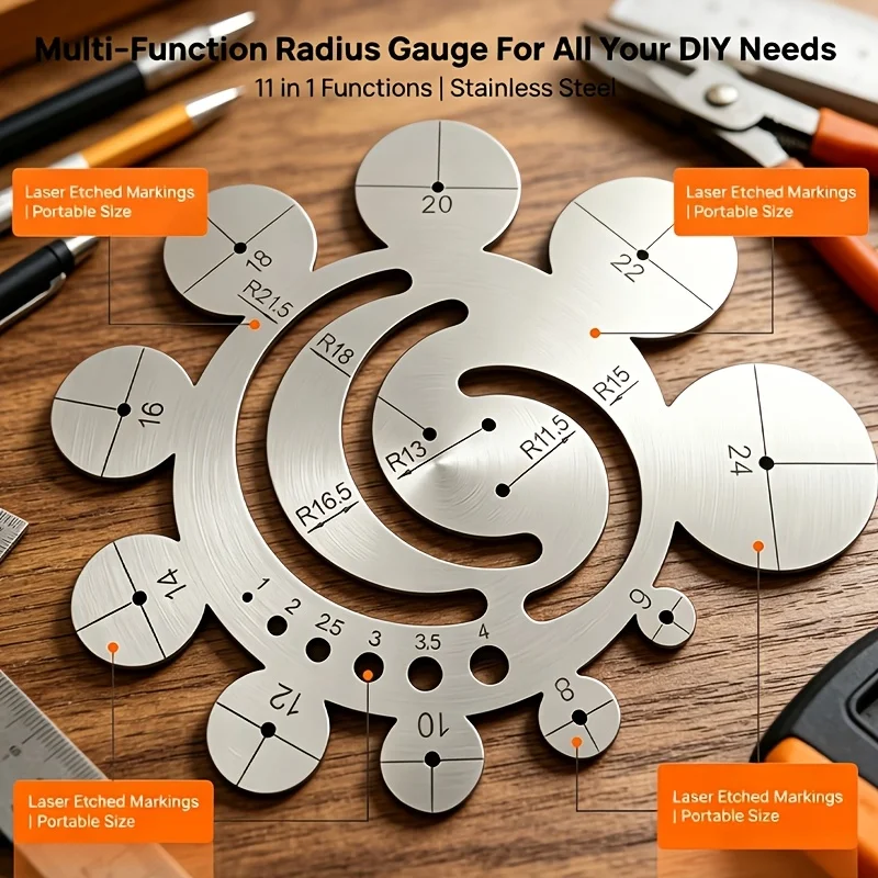 Radius Template Tool, Circular Gauge with Multiple Cutting Guides for Precision Angle Gauge for Projects, Multi-Functional Ruler