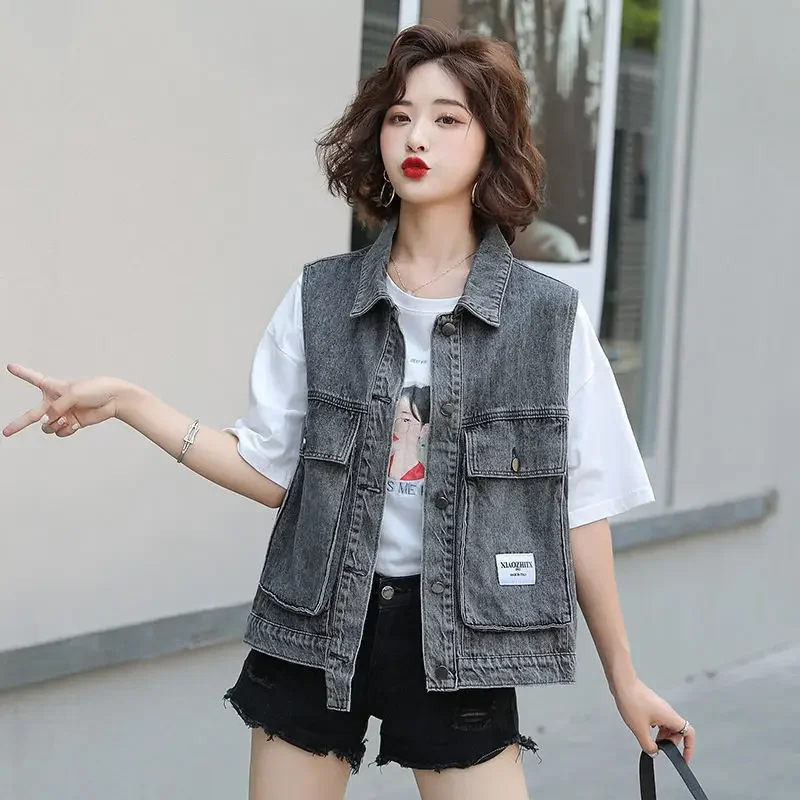 Denim Vest Women's Spring Autumn New Style Korean Loose Fit Student Workwear Versatile Sleeveless Vest Large Pocket