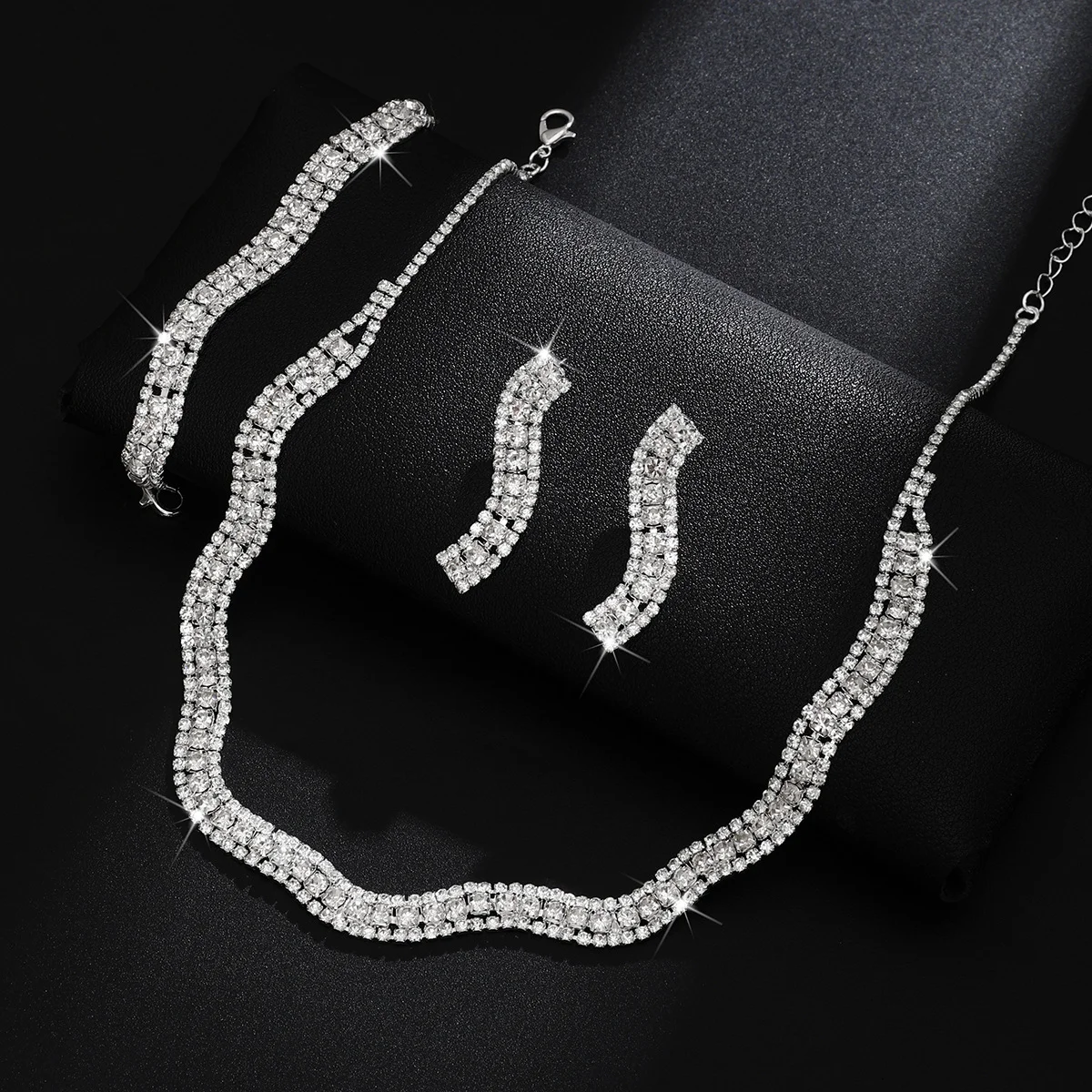 Luxury Wavy Rhinestone Choker Necklace Earring Bracelet Set for Women, Silver Tone Crystal Jewelry for Wedding Party Prom