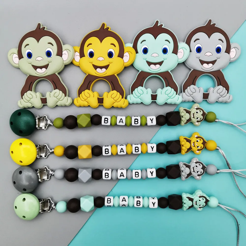 Custom English Letter Name Baby Silicone Monkey Beads Pendant Pacifier Clips Chains Chew Teether Baby Pacifier Kawaii Toy Gifts