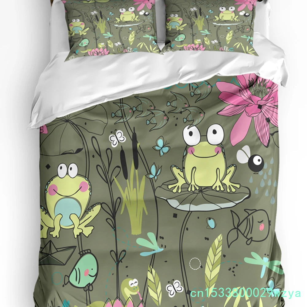 Frog Lotus Leaf Flower Fish Pond 3pcs Bedding Set For Bedroom Double Bed Home Textile Duvet Cover Quilt Cover Pillowcase