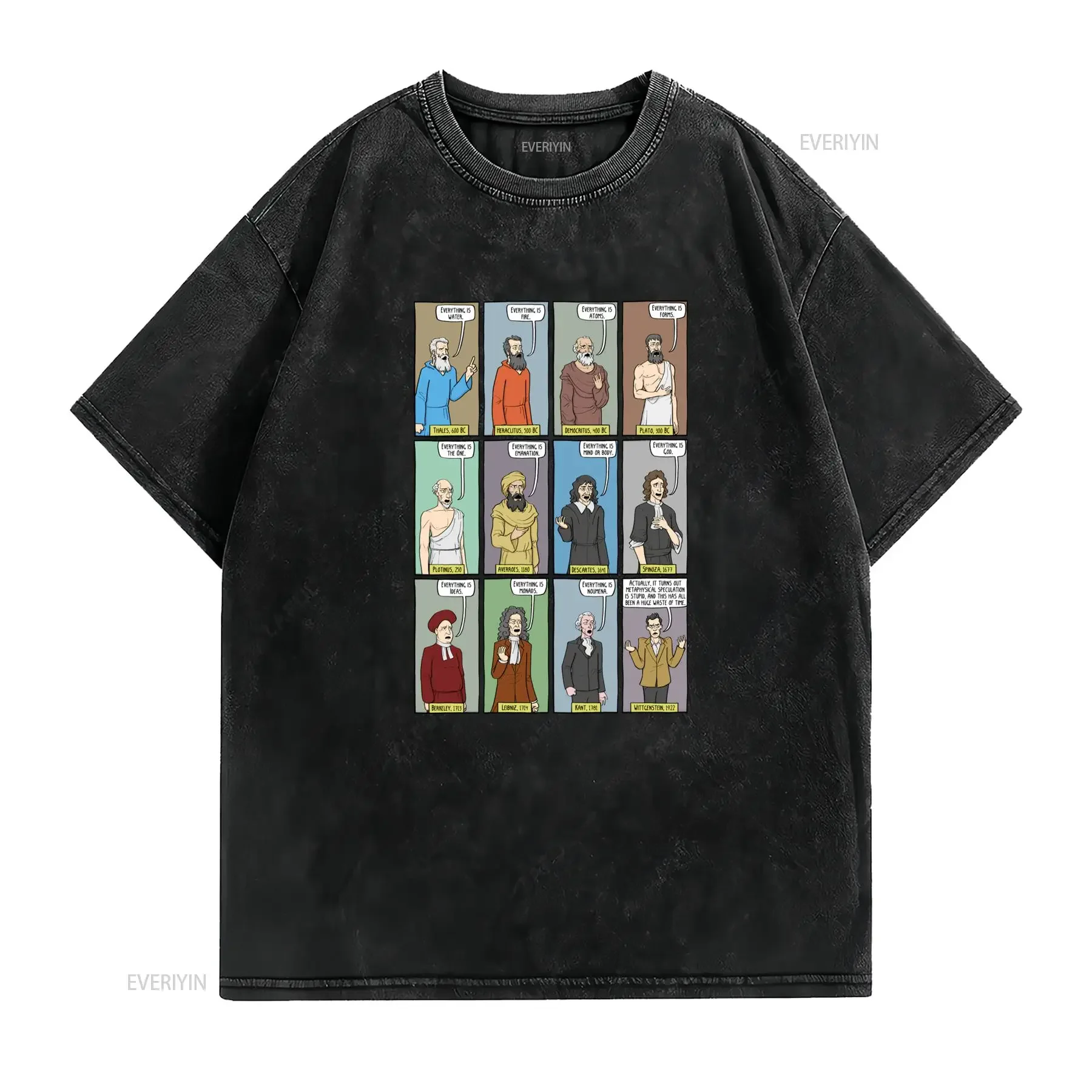Funny Cartoon Western Philosophers History Meme Print Casual T Shirt vintage Washed streetwear homme Slightly Comfortable