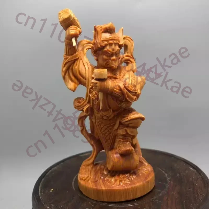 Exquisite Wood Carved Thunder God Statue, intricately detailed for Home Decor, Temple Worship, Protective Deity Ornament