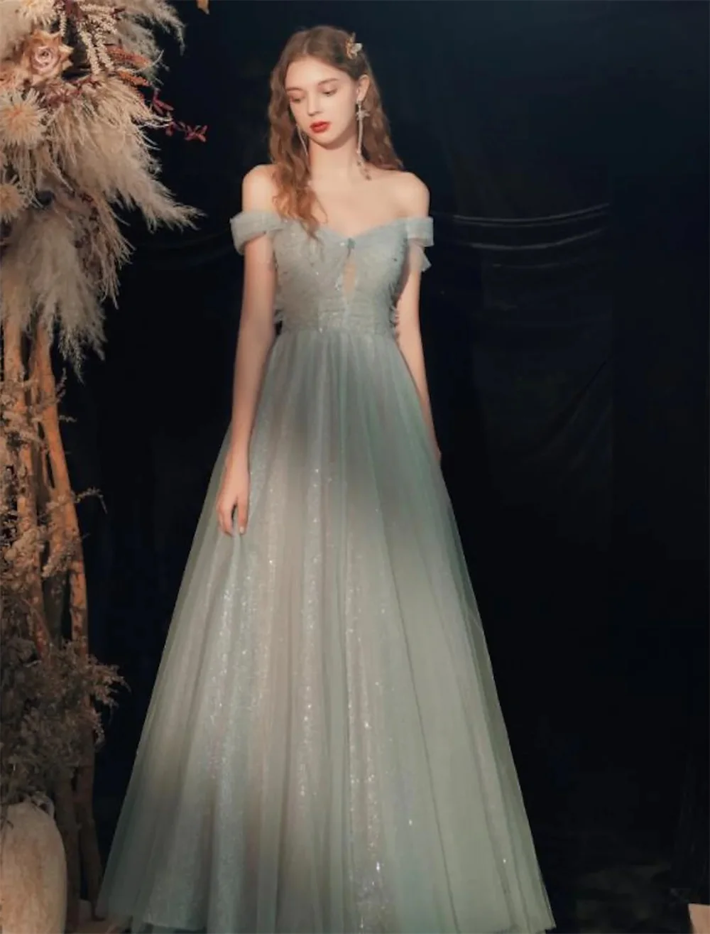 A-Line Bridesmaid Dress Off Shoulder Short Sleeve Sexy Floor Length Tulle with Pleats Sequin robe demoiselle d honneur femme