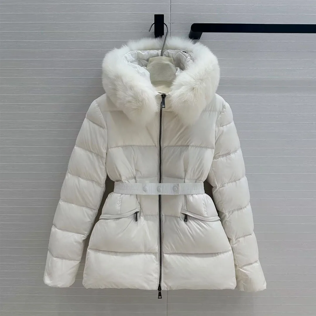 New Fashion Winter Warm 90% White Goose Down Coat Women Luxury Mink Collar Hooded Slim Waist Belt Zipper Elegant Lady Jacket