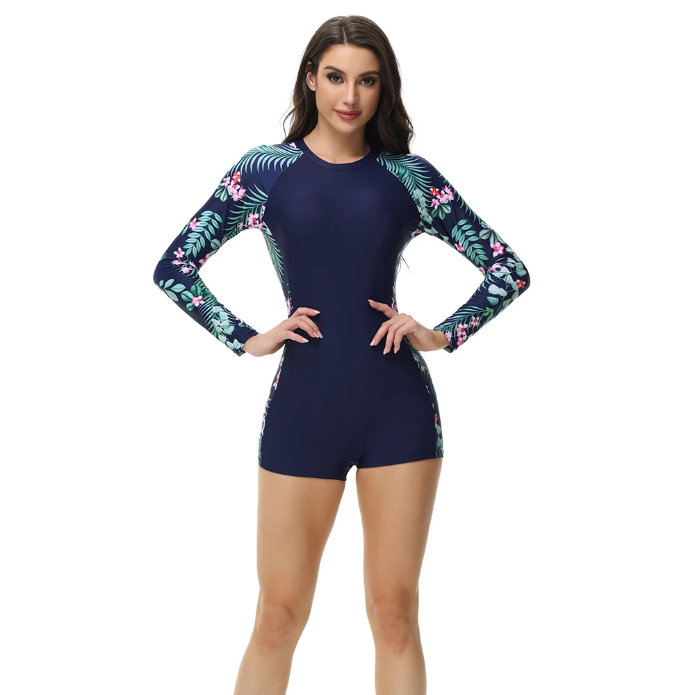 2024 Print Flower Long Sleeve One Piece Swimsuit Summer Beach Bathing Suits Women Swimwear with Zipper Female Monokini Bikini XL