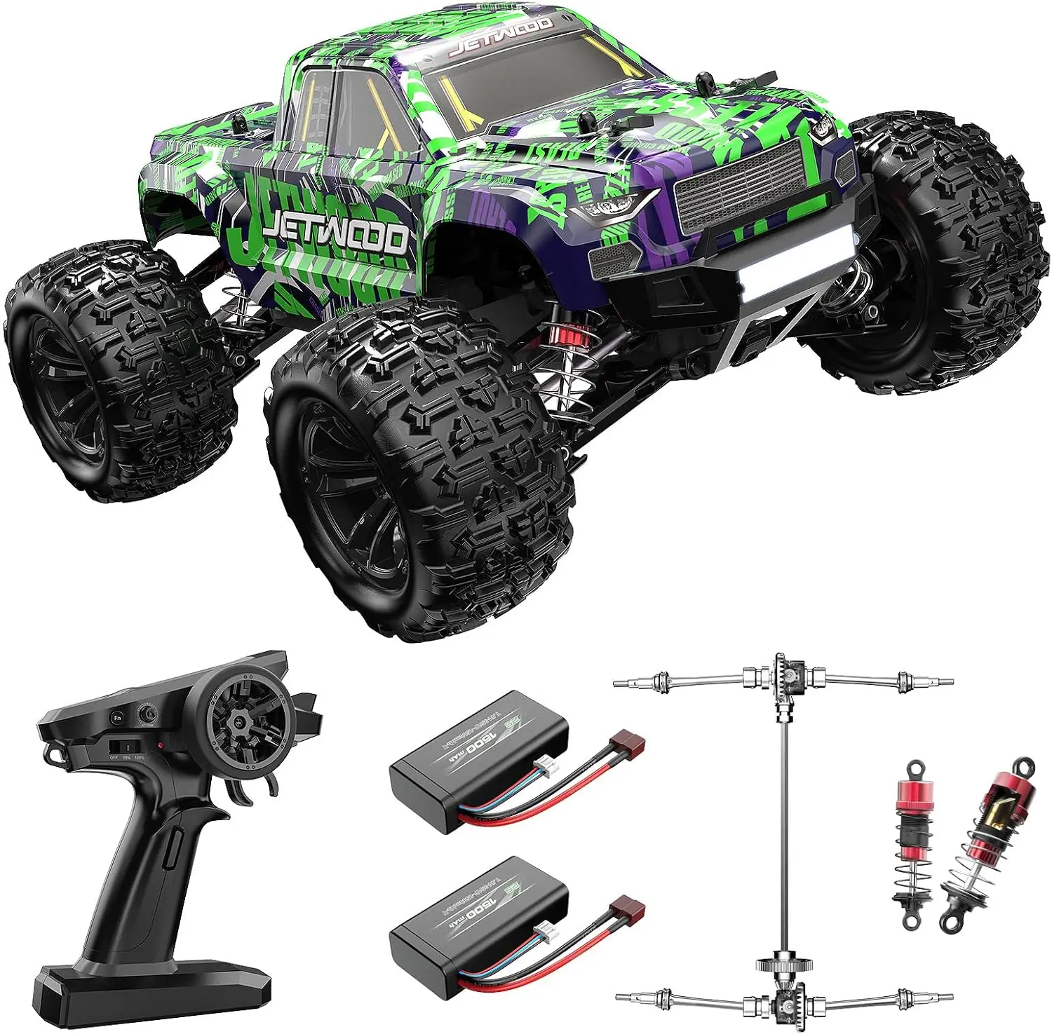 Jetwood 1/16 RC Car for Boys and Adults, 38kph 4WD Ready to Run Hobby RC Truck with 2 Batteries, Off Road Remote Control Monster