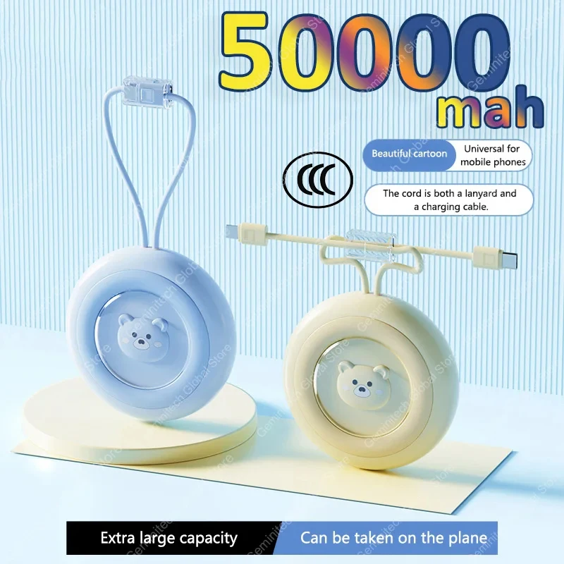 Mini batterie externe 50000mAh, grande capacité, Portable, câble de chargement intégré, lanière pour iPhone Samsung Xiaomi