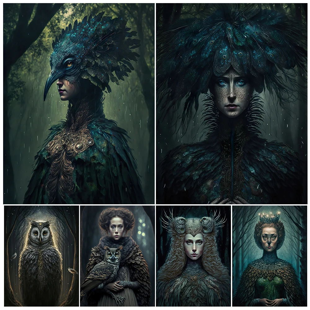 

The Peacock Queen And The Owl Wizard Wall Art Canvas Painting Mysterious Forest Guardian Elf Gothic Art Poster Print Home Decor