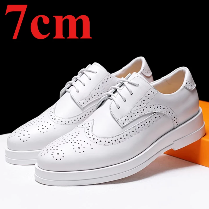 England Men's Dress Shoes 7cm Elevator White Brock Derby Shoes Genuine Leather Breathable Comfortable Wedding Increasing Shoes