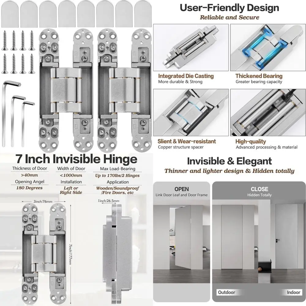 

Heavy Duty 7 Inch 180 Degree Swing Concealed Door Hinges for Secret Door Installation - 3 Way Adjustable Hidden Hinges