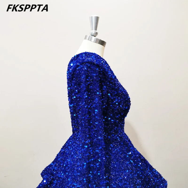 Sparkly Short Royal Blue Prom Dresses One Shoulder Long Sleeve Elastic Sequins Wedding Party Gowns Robe De Soiree