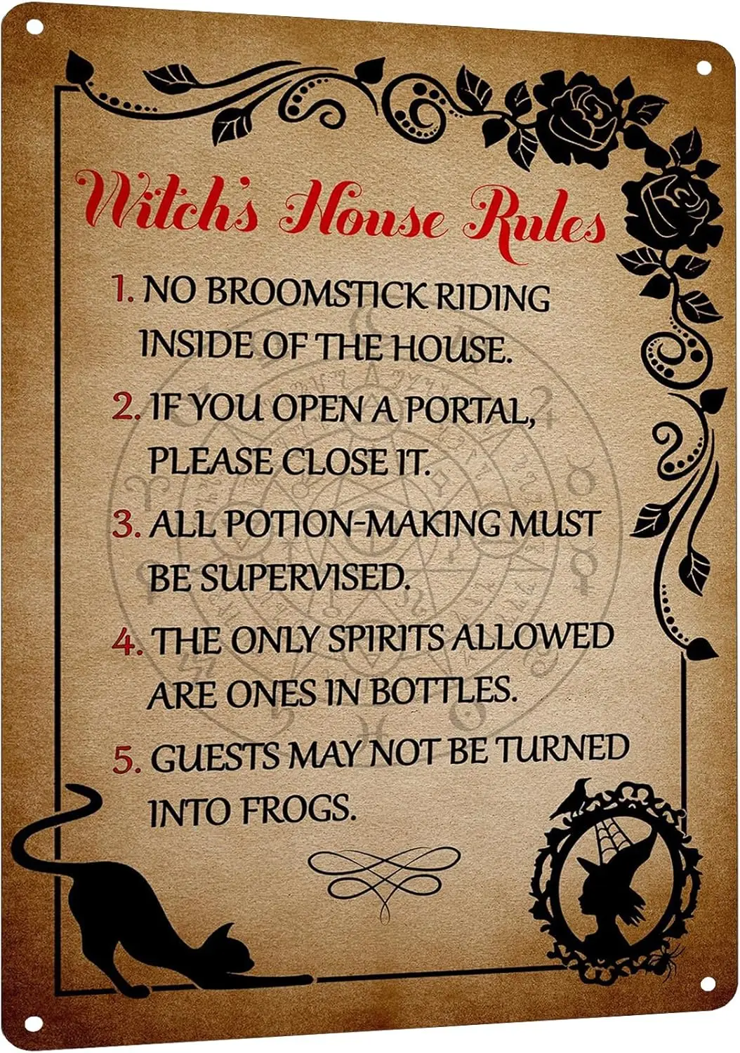 Goth Witch's House Rules Metal Sign - Enchanting Black Cat Tin Poster, Vintage Witchcraft Wall Art for Halloween & Home sign