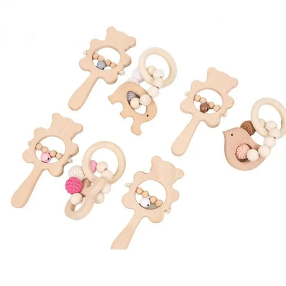 

Cute Cartoon Bear Wooden Baby Rattle Toy Rabbit Anti-lost Handbell Rattle Toy Adjustable Silicone Wooden Rings Toy Baby