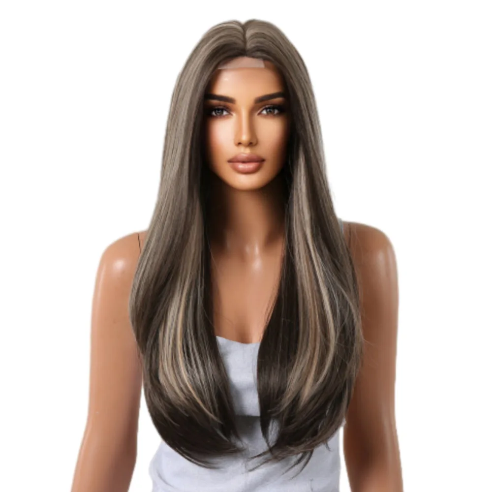 HAIRCUBE Long Straight Brown Mixed Blonde Highlight Synthetic Wigs Natural Hairline Lace Front Wigs for Women Daily Cosplay Hair