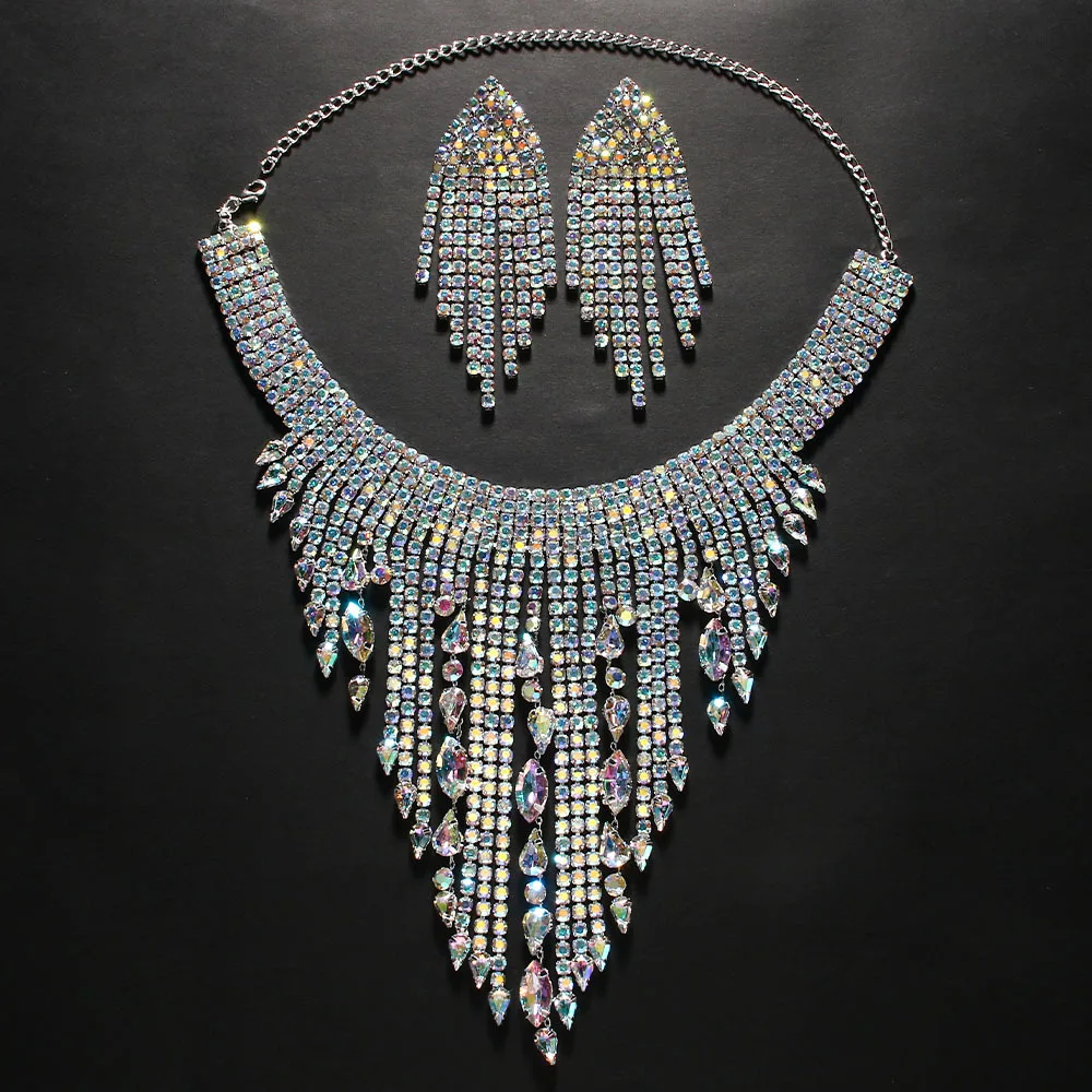 Exaggerated AB Crystal Pendant Large Necklace Women's Luxury Shiny Bridal Wedding Party Rhinestone Jewelry Necklace Accessories