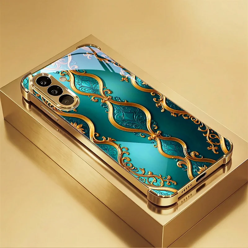 Green gold stripe Tempered Glass Fashion phone case for Samsung Galaxy S26/S25/S24/S23/S22/S21 FE Ultra Plus Dropresistant