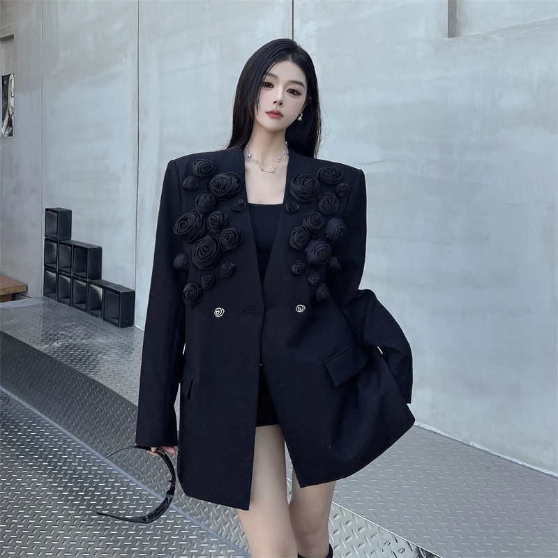 

Black Blazer Jacket for Women Rose Formal Suit Coat Fashion Blazers One Button Coat