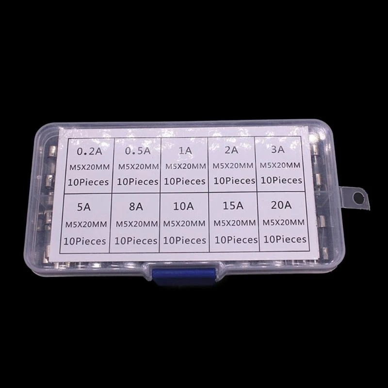 X9FA 100pcs Fuses Collection 5x20mm Glass Fuses Assortment 0.2A-20A for Home Repairs