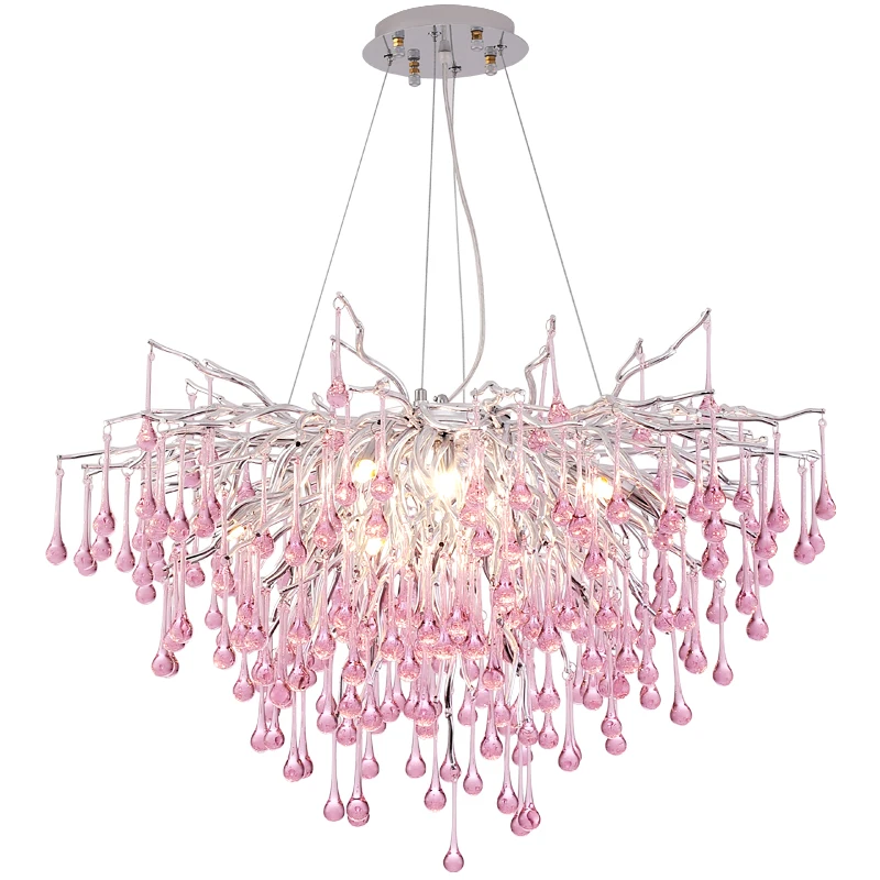 Modern Crystal Chandelier Rectangular Led Pink Glass Raindrop Round Ceiling Light Fixtures for Dining Room Led Lighting 220V