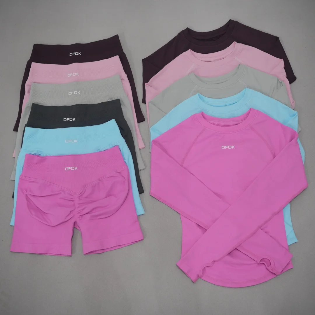 DFDK Women Seamless Long Sleeve 2PCS Set High Elastic Tummy Control Quick Dry Breathable Yoga Running Gym Fitness Shorts Activew