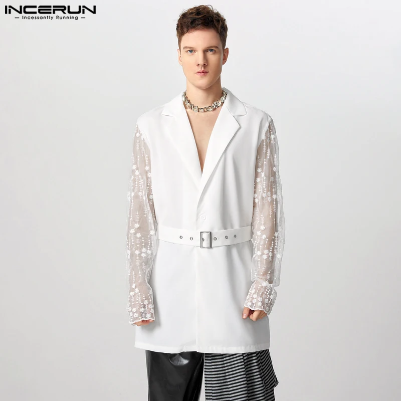 INCERUN Tops American Style Men Fashion Patchwork Lace Printed Suit Coat Sexy Casual Male Hot Selling Long Sleeved Blazer S-5XL