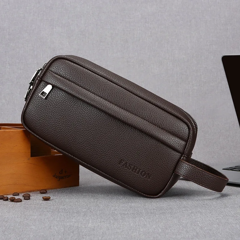 Vintage Men Hand Clutch Bag Large Capacity Wrist‑Carried Pouch for Business Travel Daily Accessories and Toiletry Storage Bag