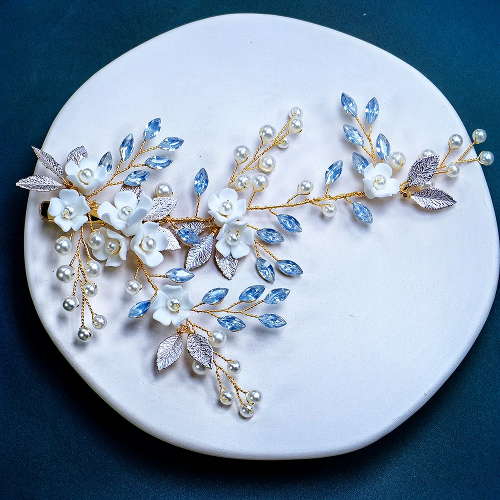 Fiore di porcellana pettine da sposa perla ornamento per capelli da sposa cristallo da sposa diadema da sposa e damigella d'onore strass per capelli Orname