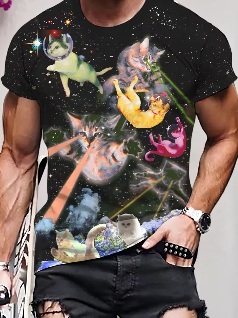 Adult and Children Interstellar Space Cat T-Shirt｜Cosmic Laser Cat Cute 3D Print Sci-Fi Personality Short Sleeve