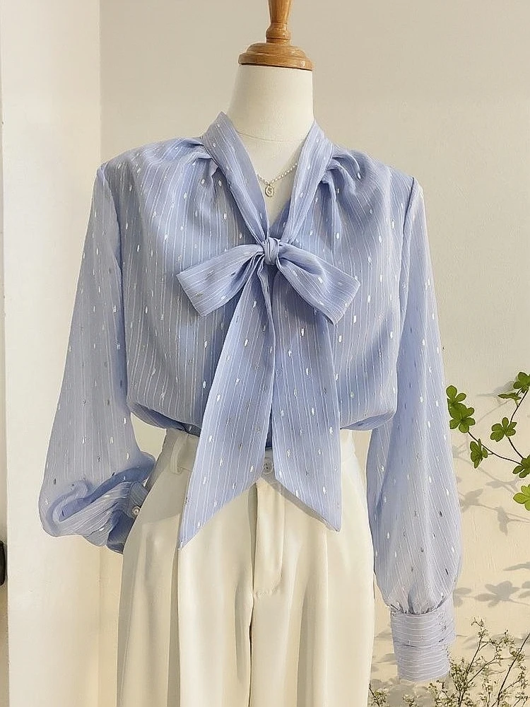 Shiny Front Bow Tied Chiffon Blouse Women Long Sleeve Youth Fine Base Top Korean Chic Lady Office Shirt Casual Female 2024 New