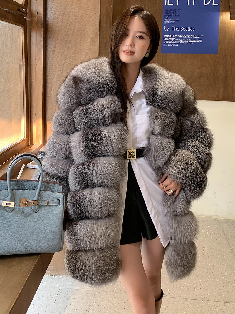 Medieval Style High-end Silver Blue Fox Whole Leather mid-length Fox Fur Coat European Finnish Silver Frost Fox Coat