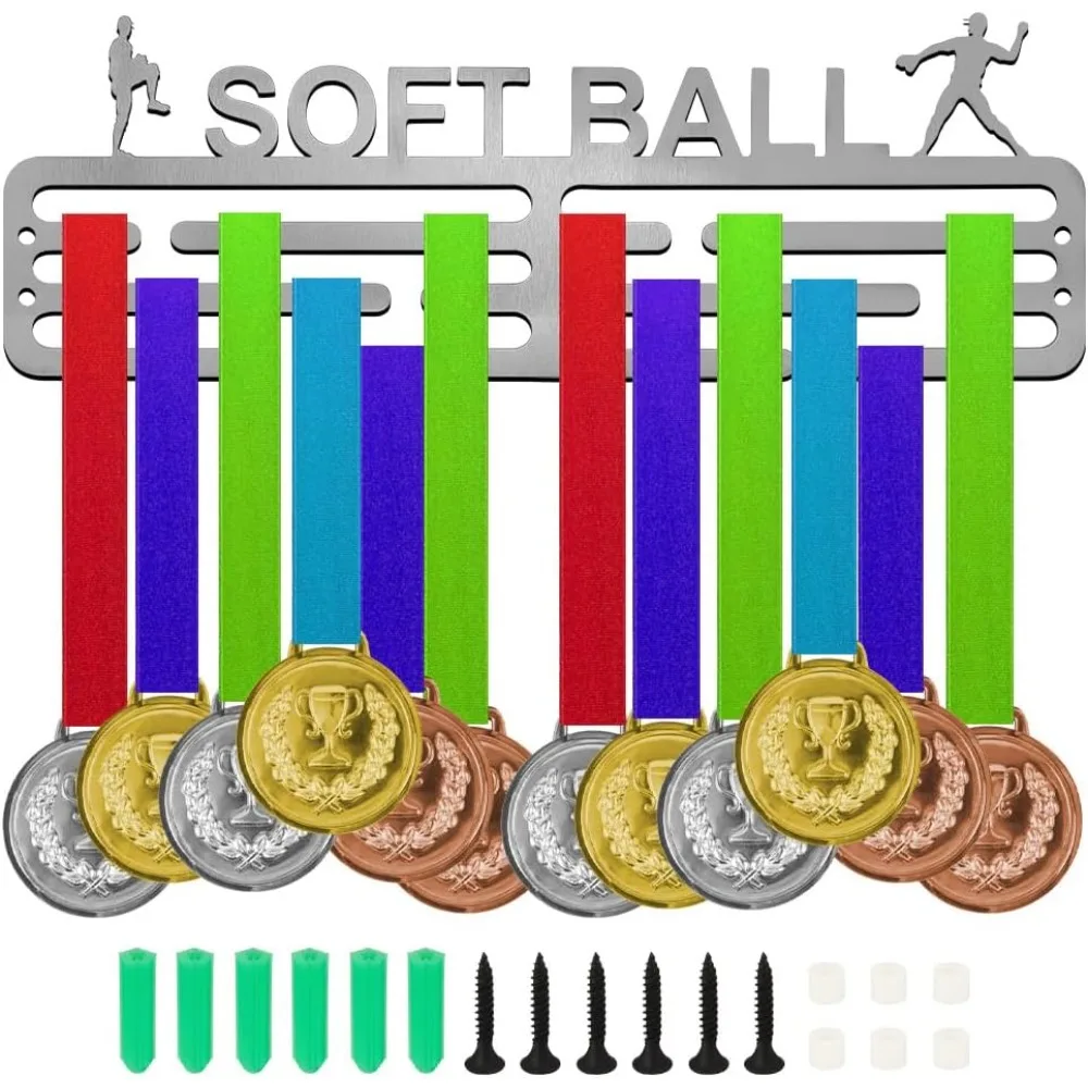 

Sports Medal Hanger Display with Word Soft Ball Medal Holder Sports Themed Ribbon Holder Stainless Steel Award Rack Hanger