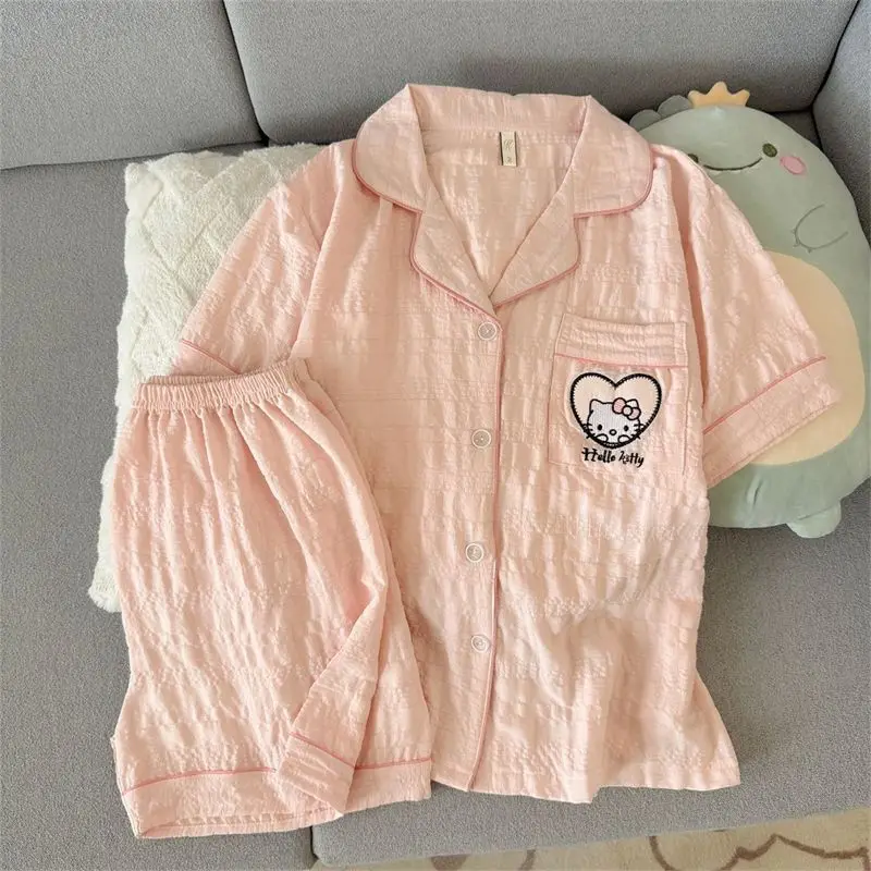 Ropa de dormir Sanrio Hello Kitty para mujer, Pijama de verano, pantalones cortos de manga corta, ropa de dormir, pijamas bonitos, negligé suave, ropa de casa de dos piezas, nuevo