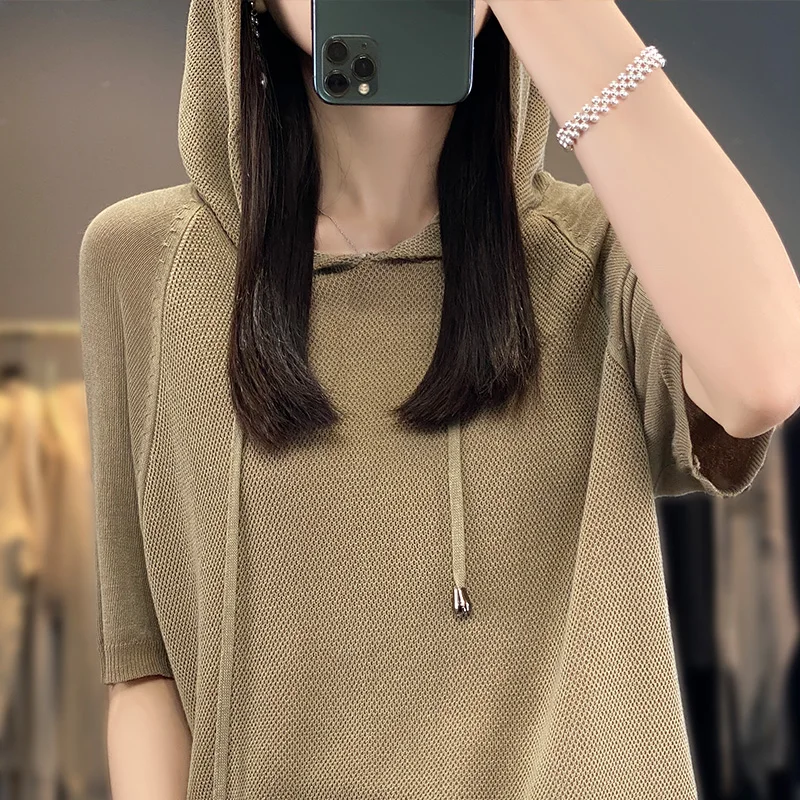 Women New Summer Cool Short-sleeved Tees Hooded Collar Fashion Solid Color Pullover T-shirt Casual Knit Loose All-match Top