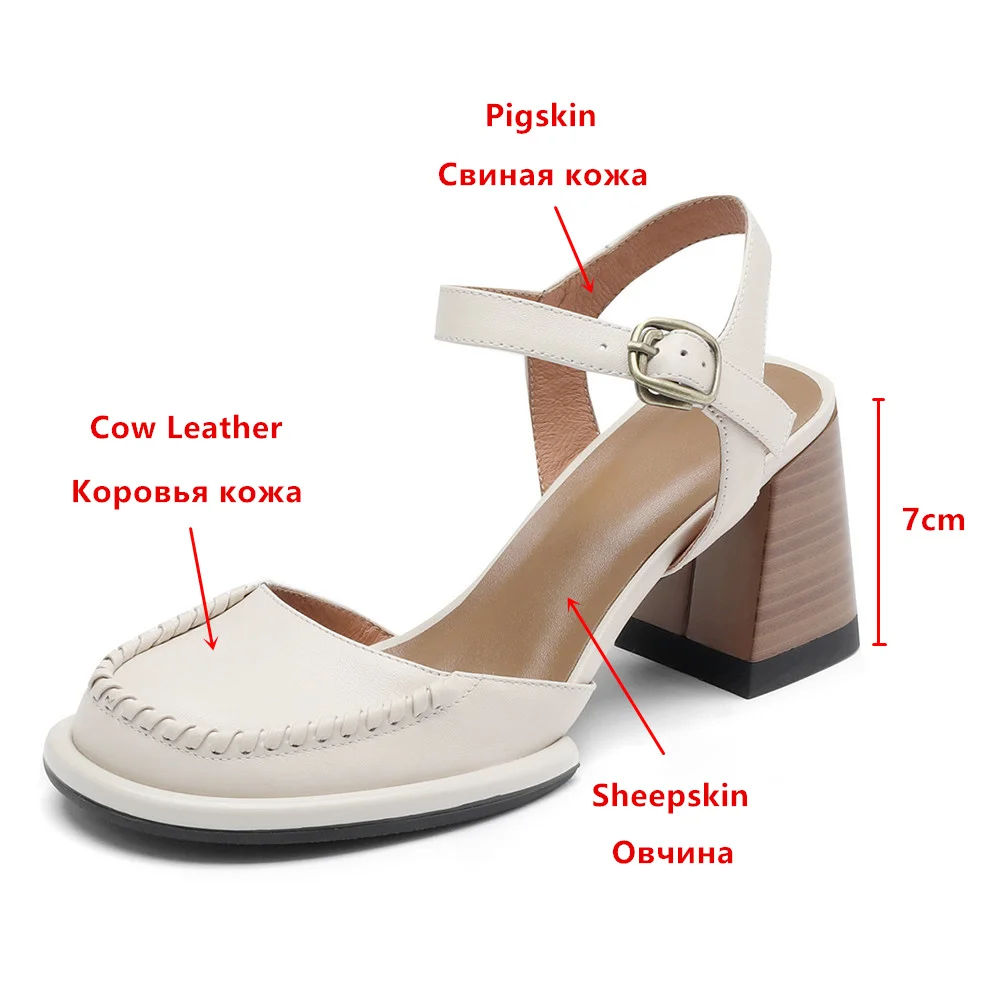 Aucegi nowe damskie sandały z okrągłym noskiem z prawdziwej skóry gruba w stylu Casual, letnia zapinana klamra buty wygodna sukienka na wakacje