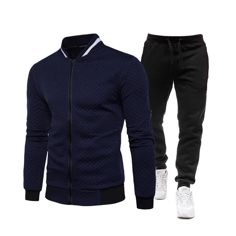 Men Diamond Quilted Zipper Jacket Jogger Pants Set Stand Collar Casual Sports Tracksuit Outfit Set view 4